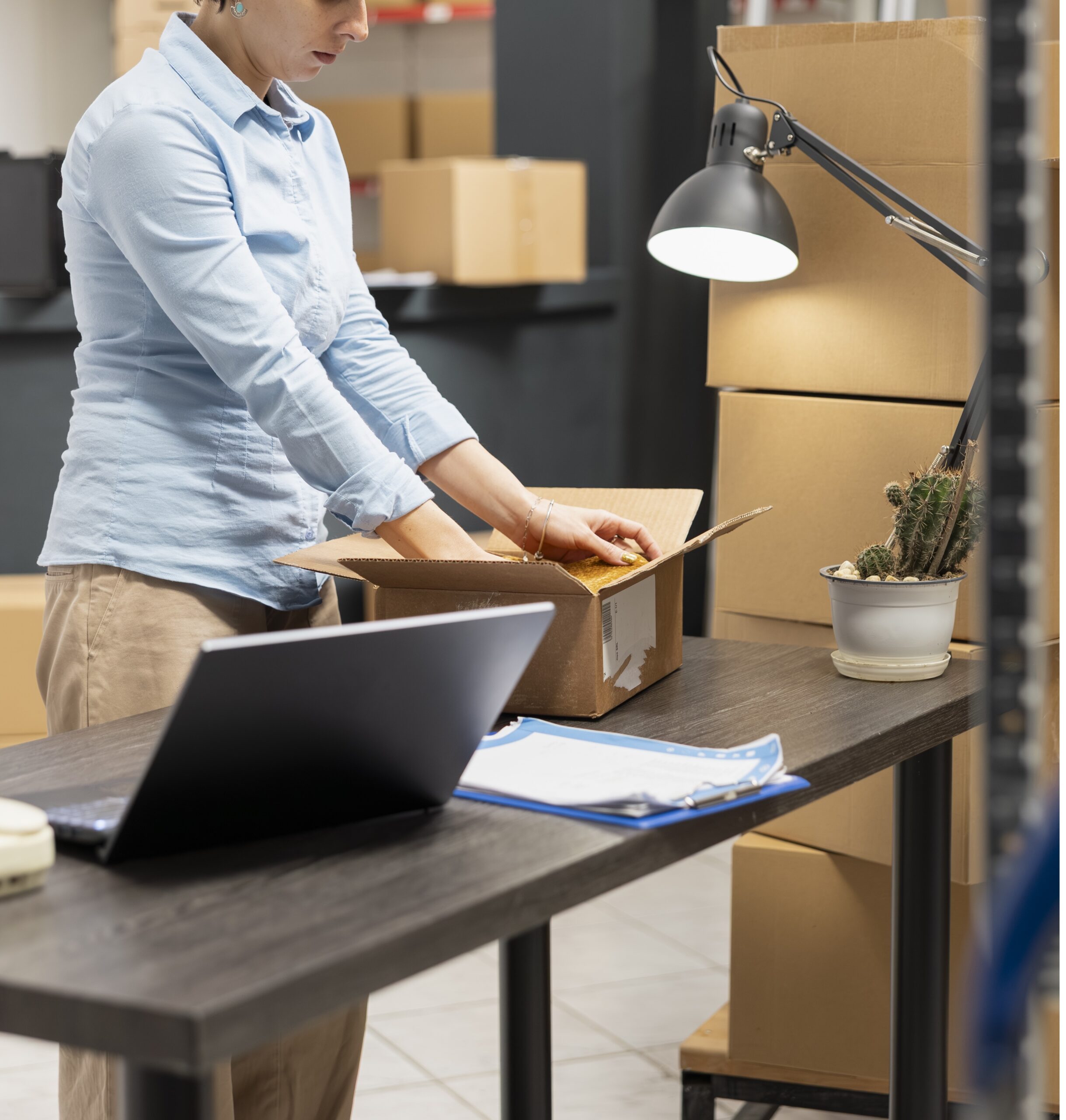 Warehouse employee managing factory operations in a local storage room